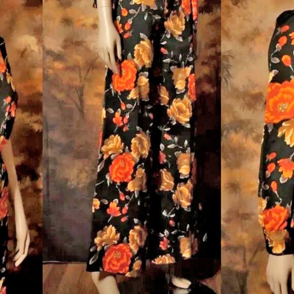 1970s vintage pant suit floral palazzo pants set floral satin 3 piece set - Picture 8 of 12